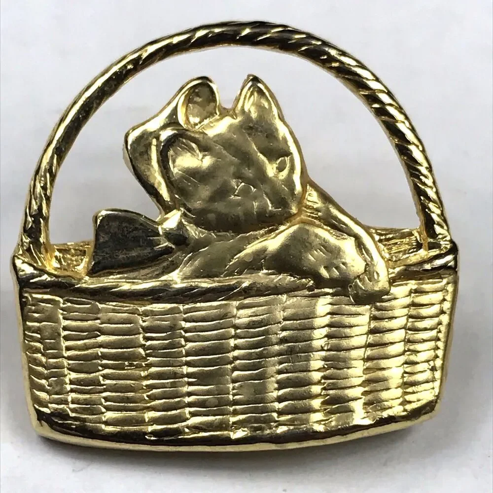 Cat in Basket Gold Tone Vintage Pin Brooch
